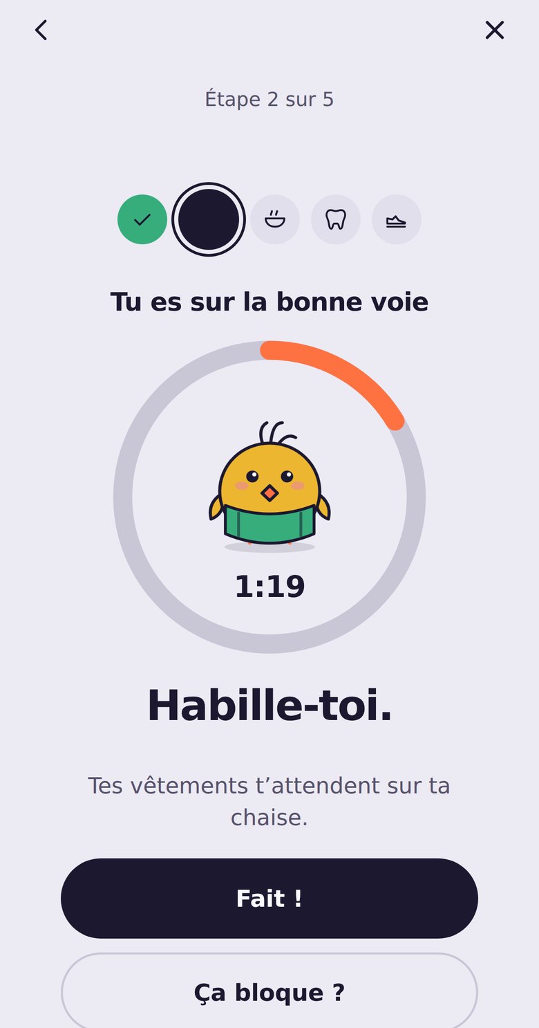 La routine du matin dans OUF, avec PIOUF dans le chrono.